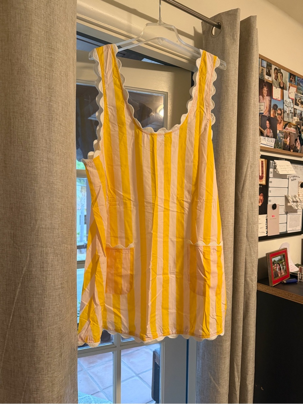 Brand new Yellow & White Striped Mini Dress with Scalloped Trim size M/L